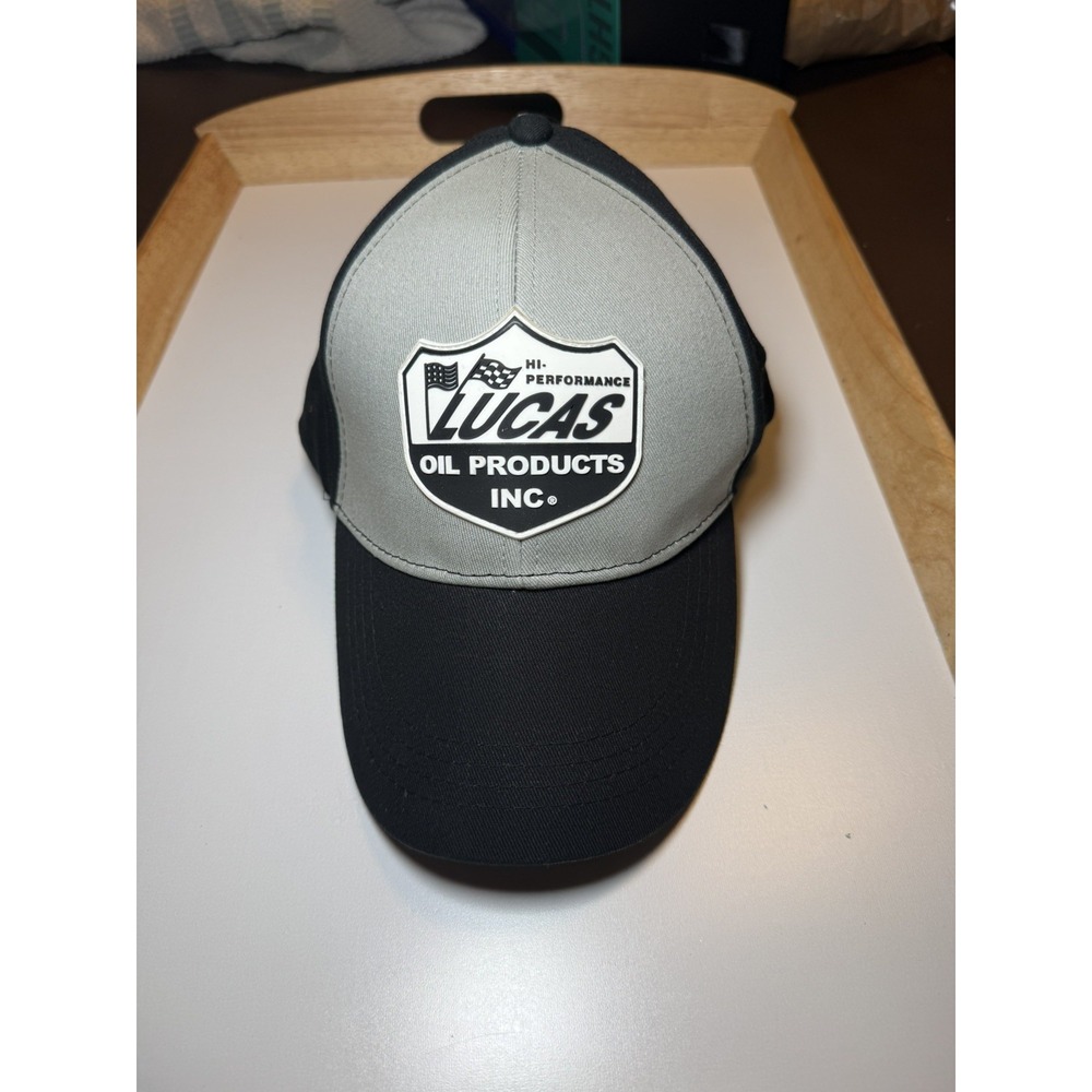 Lucas Oil Mens Trucker Hat Rubber Patch Logo Gray Black Adjustable OSFA